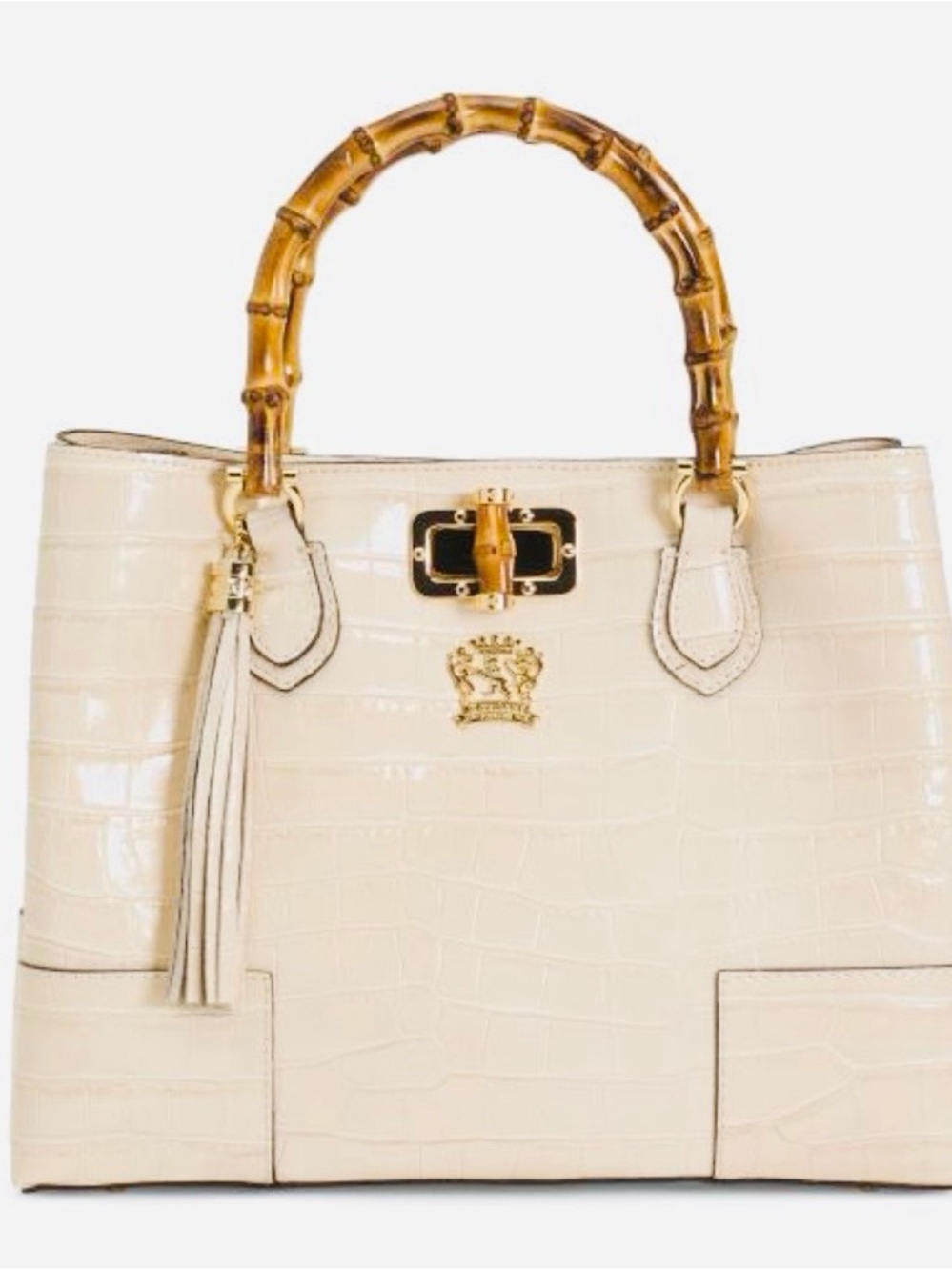 NWT🇮🇹 PRATESI 🇮🇹Cream Croc-Embossed Tote with Bamboo Handles